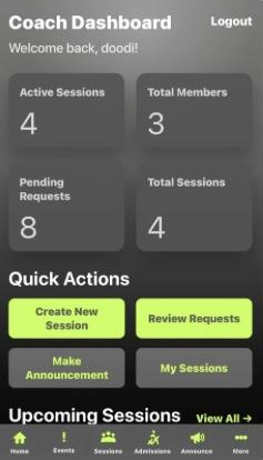 Coach dashboard with session stats and quick actions