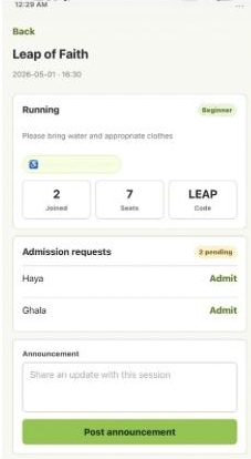 Session detail with admission requests and announcement box