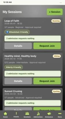 Coach's list of sessions with pending requests