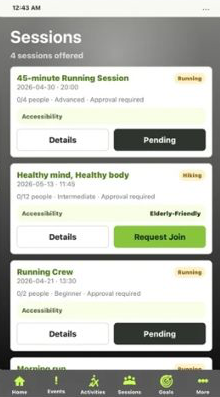 Sessions list with request-to-join buttons